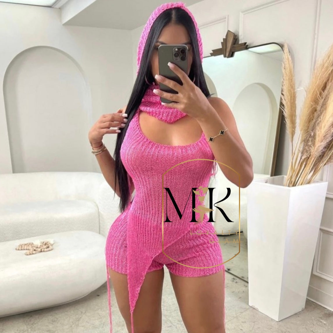 Pink Hollow Out Halter Backless Shorts